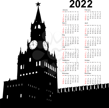 Stylish calendar with Moscow, Russia, Kremlin Spasskaya Tower with clock for 2022.