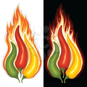 Royalty Free Clipart Image of Chili Peppers on Fire