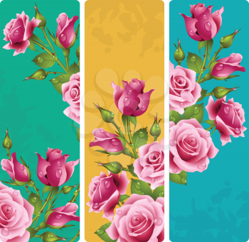 Pink rose frames. Vector set of floral vertical banners.