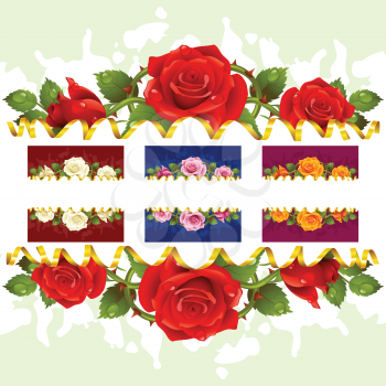 Vector horizontal frame set whith roses. Red, white, pink, yellow flowers and golden ribbon
