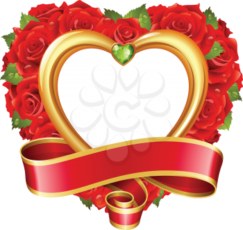Vector rose frame in the shape of heart. Red flowers, ribbon, golden border and green diamond

