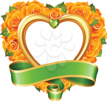 Vector rose frame in the shape of heart. Yellow flowers, ribbon, golden border and green diamond
