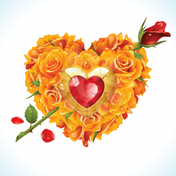 Vector yellow Roses, golden jewel and red crystal in the shape of heart with flower arrow