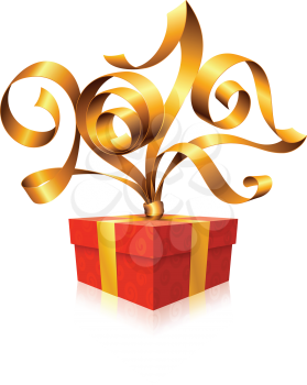 Vector golden ribbon and gift box. Symbol of New Year 2017