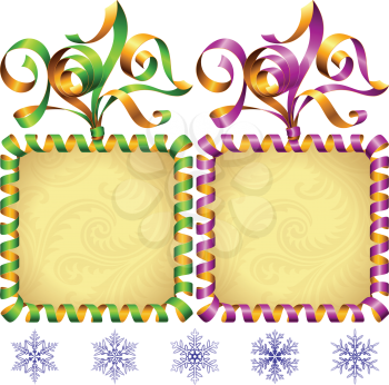 Vector New Year square frame set. Green and purple streamer.
