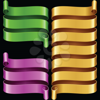 Vector ribbon frames set. Green, purple and yellow banners isolated on black background