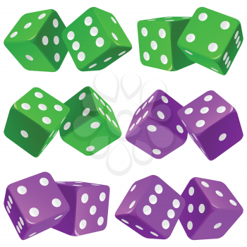 Vector Casino Dice Set of Authentic Icons. Green and Purple Pair of Poker Cubes Isolated on White Background. 3d Board Game Pieces

