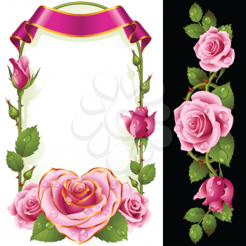 Vector Set of Floral Decoration. Pink Roses, Green Leaves and Curly Ribbon. One of Flowers in Heart Shape with Golden Border. Valentines Day Card or Wedding Invitation Isolated on Background