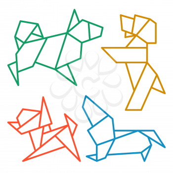 Vector Origami Dogs Icon Set. Abstract Low Poly Pet Dog Breed Sign Silhouette Isolated on White. Freehand Drawn Paper Folding Art Emblem. Template Geometric Logo Design. Chinese New Year Symbol