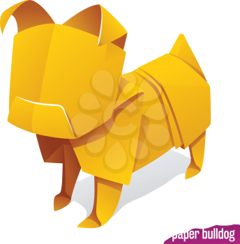 Vector origami paper dog. Yellow bulldog or pug icon isolated on white background. Concept of natural pet food or  Chinese New Year symbol