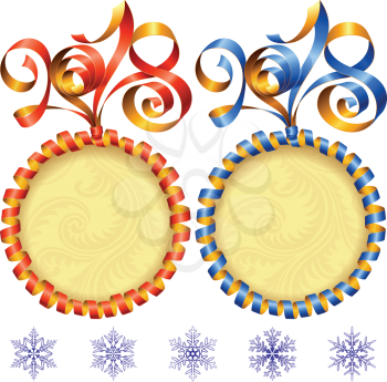 2018 Ribbons Lettering and Circle Frames set for New Year Greeting Cards or Party Invitation. Red and Blue Holiday Symbols and Snowflakes Isolated on White Background. Vector Illustration