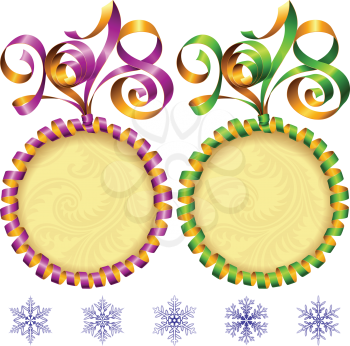2018 Ribbons Lettering and Circle Frames set for New Year Greeting Cards or Party Invitation. Green and Purple Holiday Symbols and Snowflakes Isolated on White Background. Vector Illustration