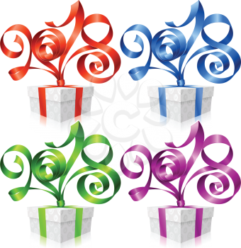 2018 Ribbon Lettering and Gift Box for New Year Greeting Card or Party Invitation. Red, blue, green and purple Holiday Symbol Isolated on White Background. Vector Illustration