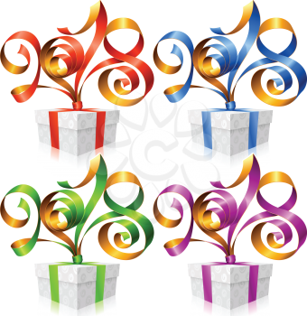 2018 Ribbon Lettering and Gift Box for New Year Greeting Card or Party Invitation. Red, blue, green and purple Holiday Symbol Isolated on White Background. Vector Illustration