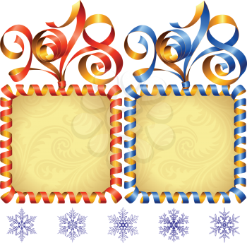 2018 Ribbons Lettering and Square Frames set for New Year Greeting Cards or Party Invitation. Red and Blue Holiday Symbols and Snowflakes Isolated on White Background. Vector Illustration