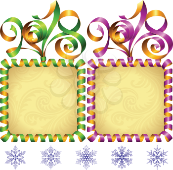 2018 Ribbons Lettering and Square Frames set for New Year Greeting Cards or Party Invitation. Green and Purple Holiday Symbols and Snowflakes Isolated on White Background. Vector Illustration
