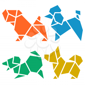 Vector Origami Dogs Icon Set. Abstract Low Poly Pet Dog Breed Sign Silhouette Isolated on White. Freehand Drawn Paper Folding Art Emblem. Template Geometric Logo Design. 2018 Chinese New Year Symbol