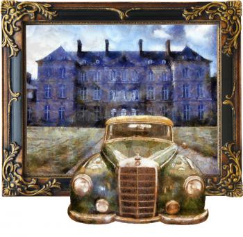 Royalty Free Photo of a Painting of a Mercedes in Front of a Mansion