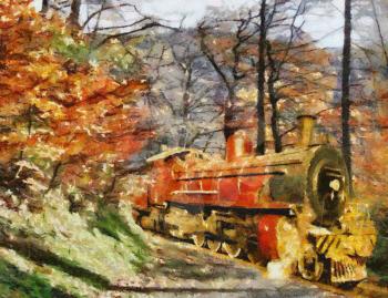 Royalty Free Photo of a Painting of an Orange Steam Train