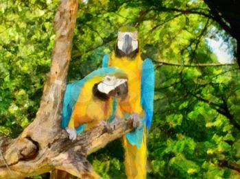Royalty Free Photo of a Painting of Parrots in a Tree