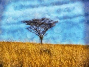 Royalty Free Photo of a Painting of a Tree in Field