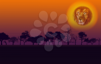 Colorful African Nature Sunset with Lion Head Sun Vector