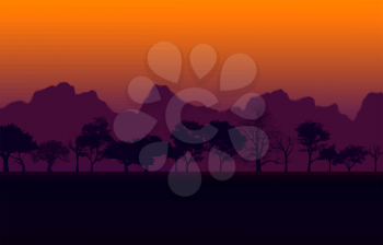 Colorful African Nature Sunset with Silhouetted Trees and Mountain Vector