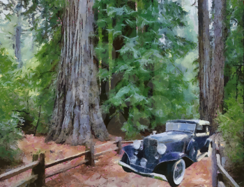 Vector Auburn Salon Brougham 1933 in the forest. Oil Painting (Camille Style).