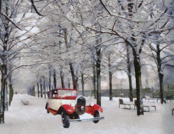 Vector Front view of a vintage Chenard Walcker 1928 passenger vehicle on snowy road Oil painted
