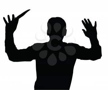 Man surrendering while holding knife in one hand