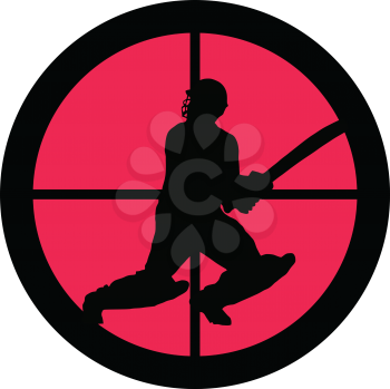 In the scope series – Cricket / Cricketer in the crosshair of a gun’s telescope. Can be symbolic for need of protection, being tired of, intolerance or being under investigation.

