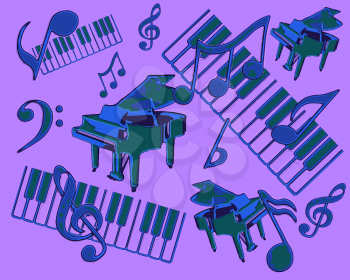 Abstract Display of Piano Musical Concert with Notes and Striking Blue and Purple