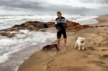 Painting of Boy Taking His Dogs for First Stroll on Beach