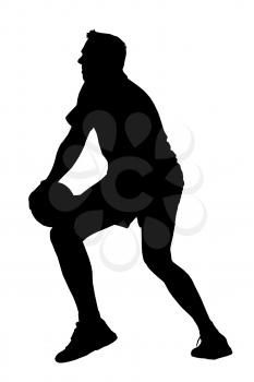 Black on white silhouette of korfball men's league player  looking to offload ball