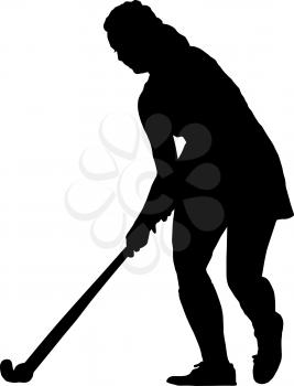 Black on white silhouette of standing girl ladies hockey player prepare to hit balll