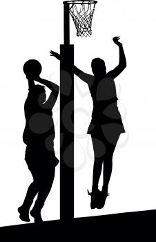 Black on white silhouette of girls ladies netball players jumping and blocking goal