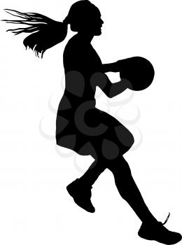 Black on silhouette of girls ladies netball player running with ball