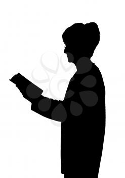 Elderly lady silhouette standing reading a book