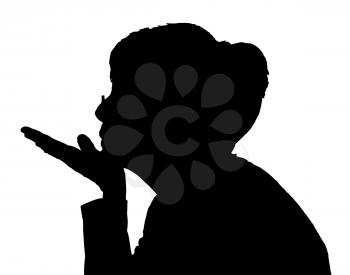Side profile portrait silhouette of elderly lady blowing a kiss  