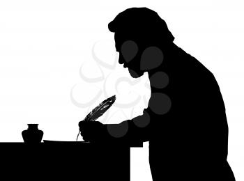 Vintage Silhouette of a bearded man writing with feather at table