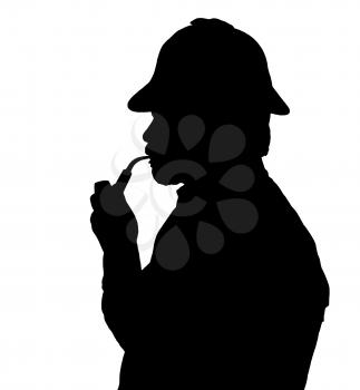Silhouette of a bearded man smoking pipe with Sherlock hat thinking