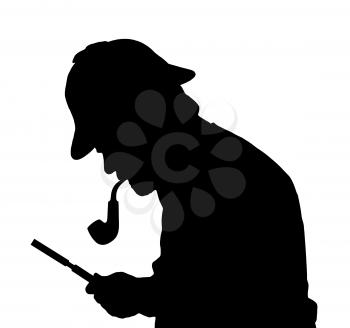 Silhouette of a bearded man investigating with a magnifying glass Sherlock hat and pipe