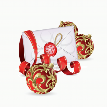 Royalty Free Clipart Image of a Christmas Card and Ornaments With a Ribbon