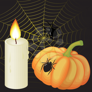 Royalty Free Clipart Image of a Black Background With Candle, Pumpkin and Spider