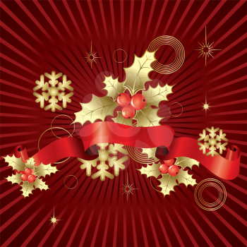 Royalty Free Clipart Image of a Background With Gold Holly and Snowflakes