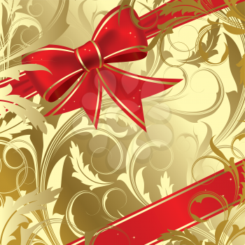 Royalty Free Clipart Image of a Gold Background With a Red Bow