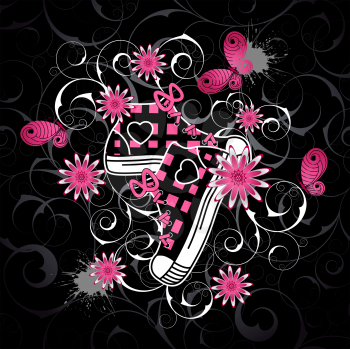 Royalty Free Clipart Image of an Emo Background With Butterflies, Flowers and a Sneaker