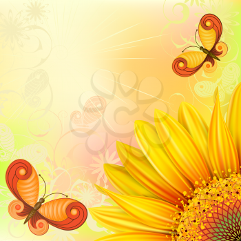 Royalty Free Clipart Image of a Butterfly and Sunflower Background