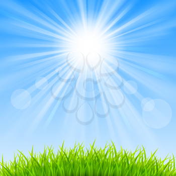 Background with a blue sky, sun and green grass.Mesh. Clipping Mask.This file contains transparency.EPS10