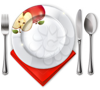 Empty plate with spoon, knife and fork on a white background. Mesh. Clipping Mask.